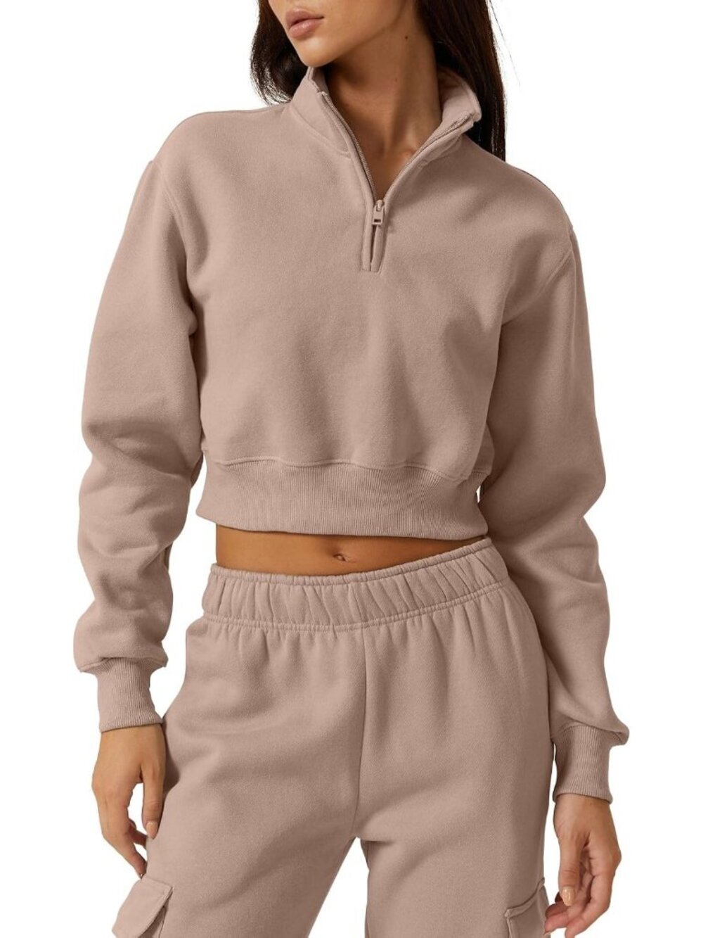 Women's Mushroom Solid Fleece High Neck Half Zip Pullover Cropped Top Sweatshirt